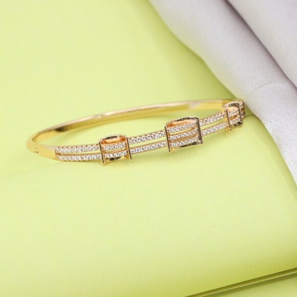 Rose Gold Plated Bangle with Double Row Cubic Zirconia Detailing, XPBL0419 - Picture 5 of 12